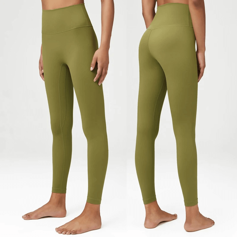 Olive green high-waist yoga leggings for women, showcasing front and back views. Elastic waist, ideal for gym, running, or casual wear.